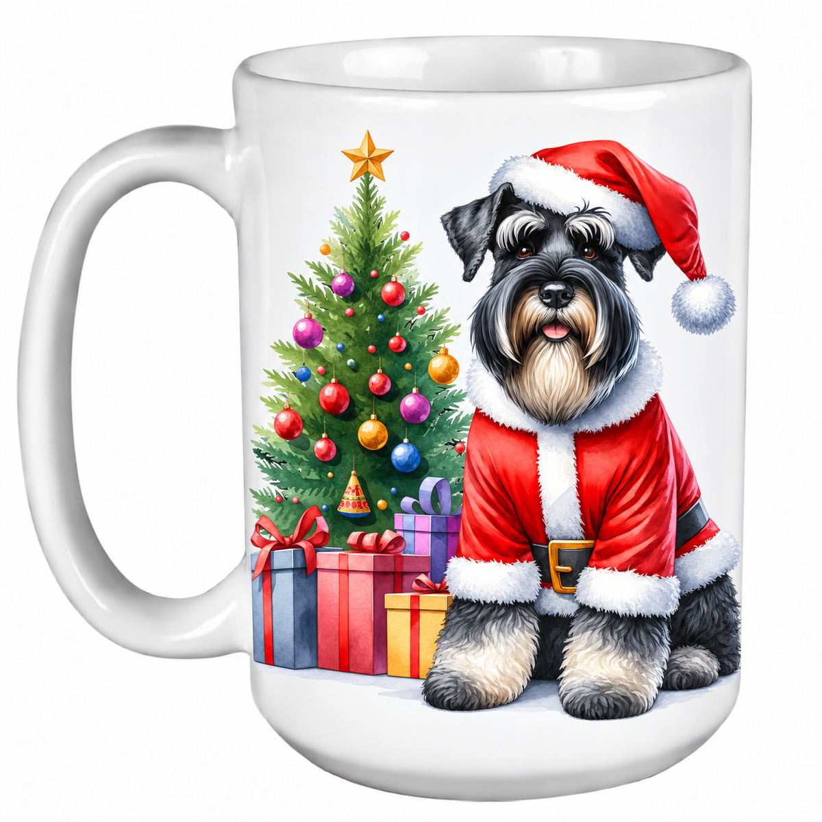Rescue Roast® 450ml white Christmas mug featuring a Giant Schnauzer beside a decorated Christmas tree