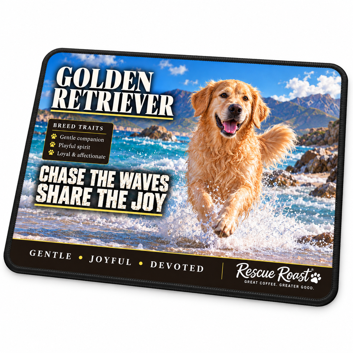 Rescue Roast® Golden Retriever mousepad: Golden Retriever splashing through turquoise surf, with the words “Chase the Waves, Share the Joy”