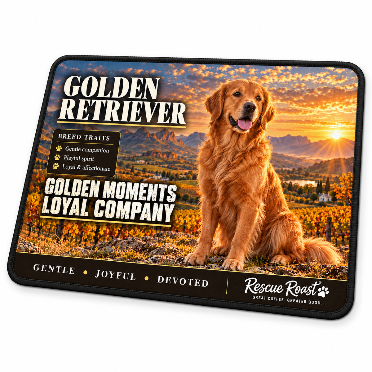 Rescue Roast® Golden Retriever mousepad: Golden Retriever sitting above an autumn vineyard valley, with the words “Golden Moments, Loyal Company”