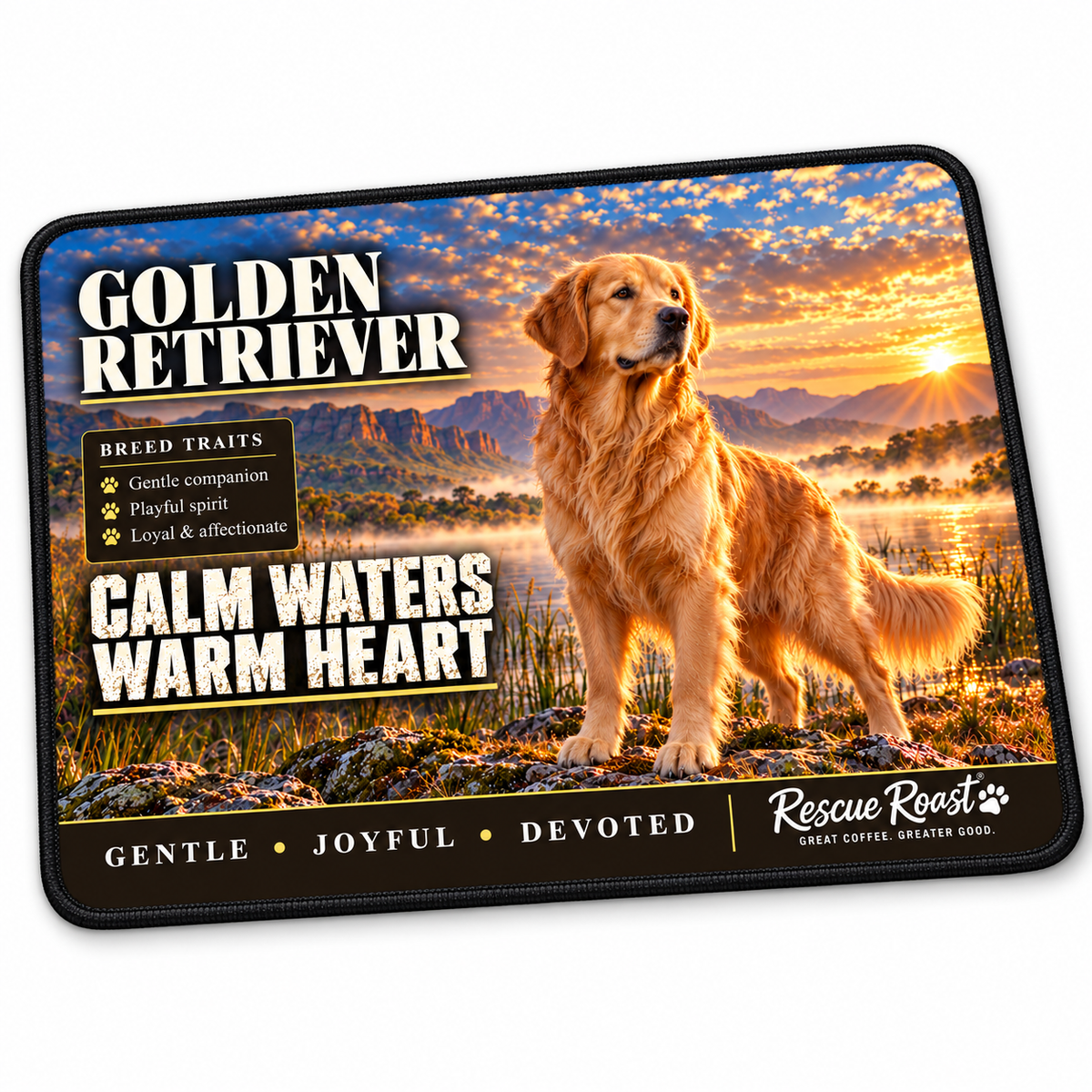 Rescue Roast® Golden Retriever mousepad: Golden Retriever beside a misty mountain lake at sunset, with the words “Calm Waters, Warm Heart”