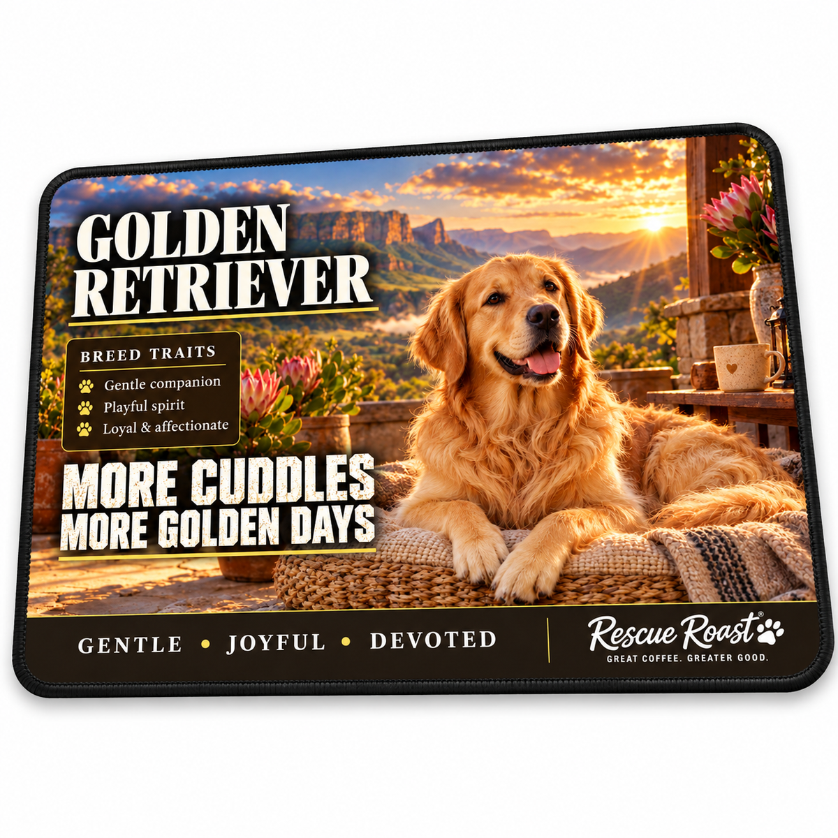 Rescue Roast® Golden Retriever mousepad: Golden Retriever on a cushioned veranda beside a coffee mug and proteas, with the words “More Cuddles, More Golden Days”