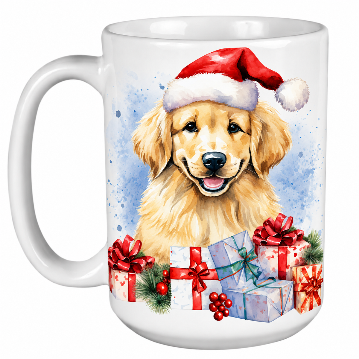 Rescue Roast® 450ml white Christmas mug featuring a Golden Retriever in a Santa hat surrounded by Christmas presents