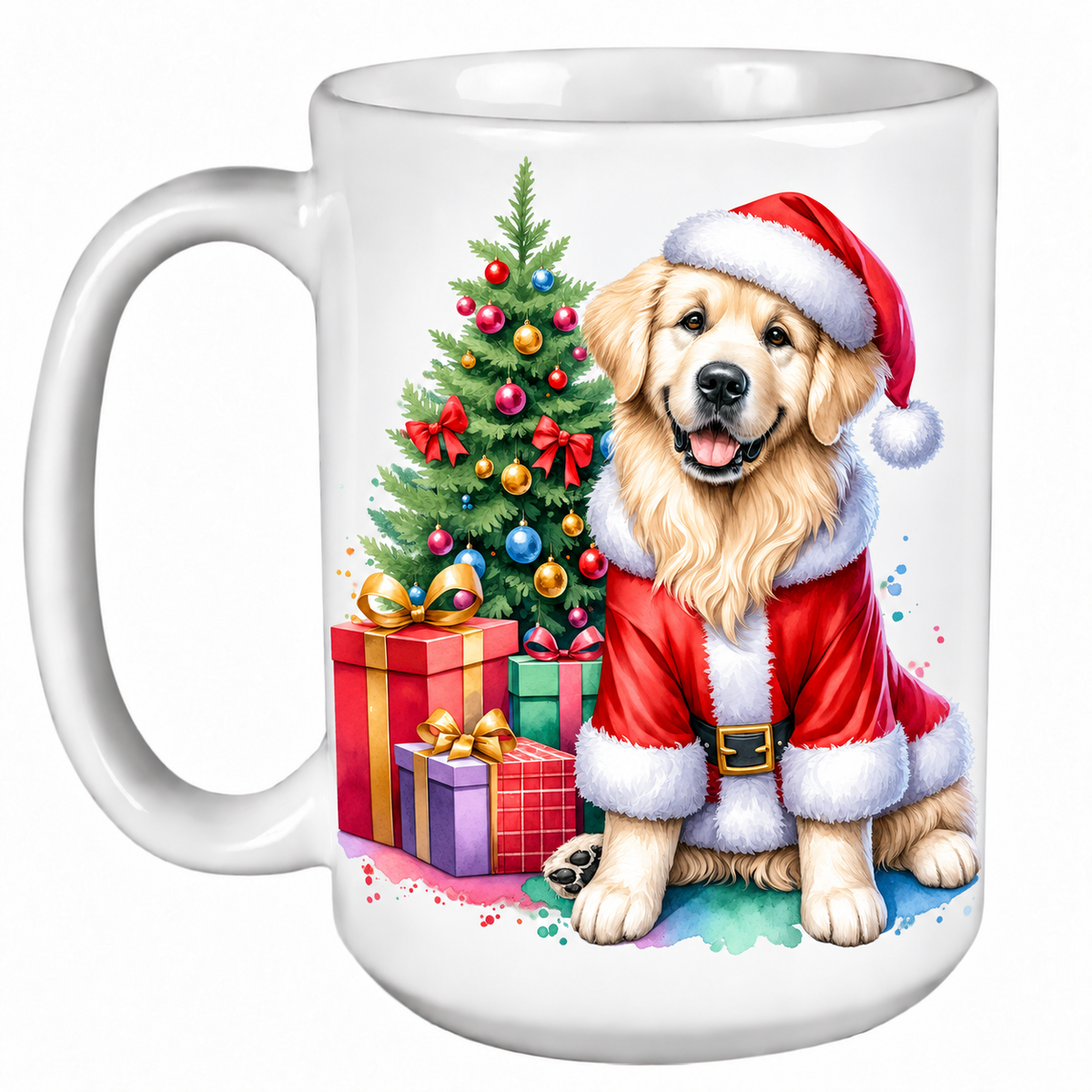 Rescue Roast® 450ml white Christmas mug featuring a Golden Retriever beside a decorated Christmas tree