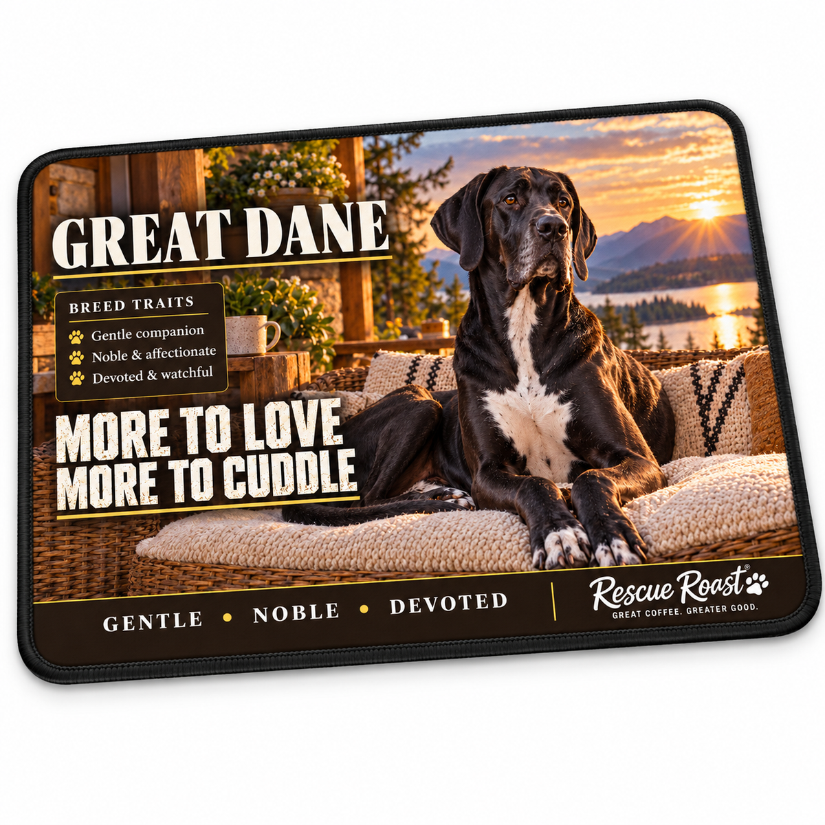 Rescue Roast® Great Dane mousepad: Dark Great Dane lounging on a cushioned veranda beside a coffee cup, with the words “More to Love, More to Cuddle”