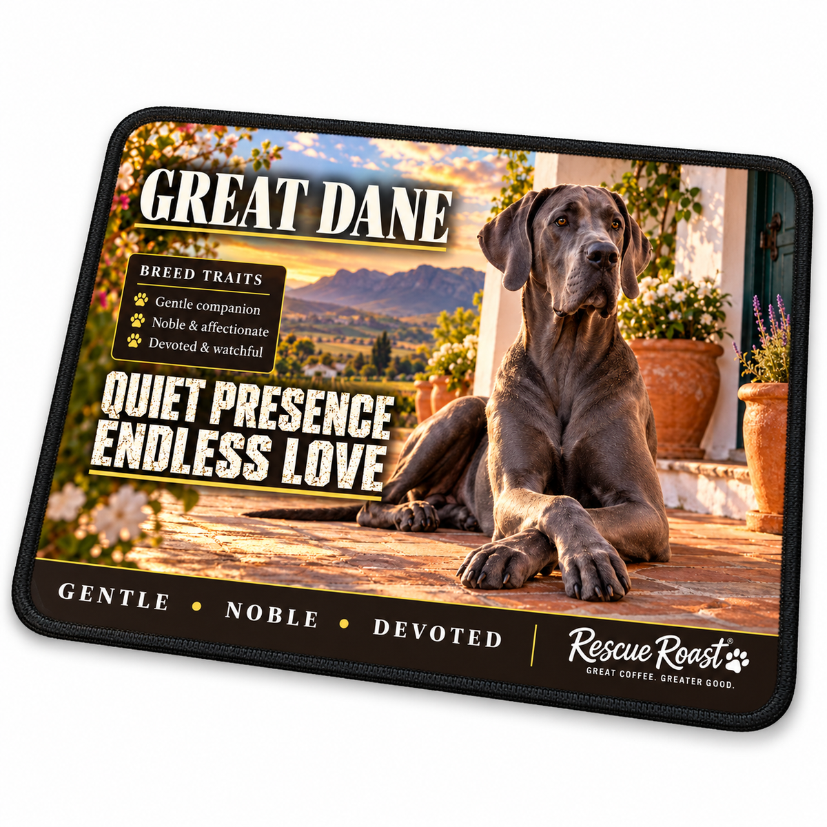 Rescue Roast® Great Dane mousepad: Blue Great Dane resting on a sunny terrace with mountain views, with the words “Quiet Presence, Endless Love”