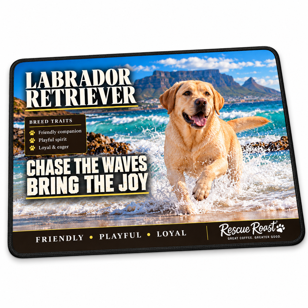 Rescue Roast® Labrador Retriever mousepad: Yellow Labrador running through turquoise surf, with the words “Chase the Waves, Bring the Joy”