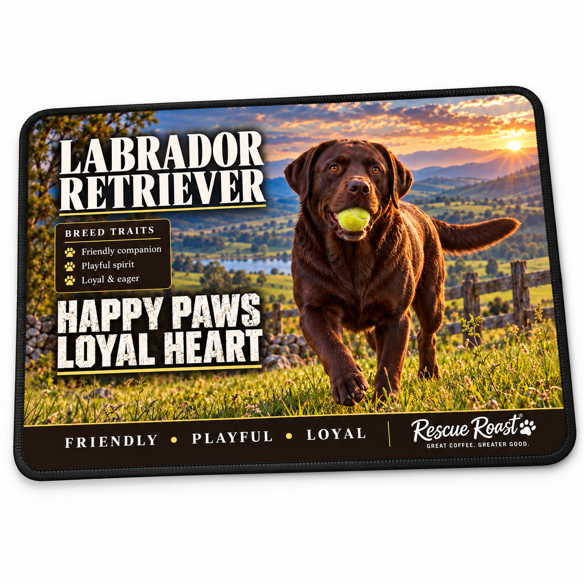 Rescue Roast® Labrador Retriever mousepad: Chocolate Labrador carrying a tennis ball on a farm, with the words “Happy Paws, Loyal Heart”