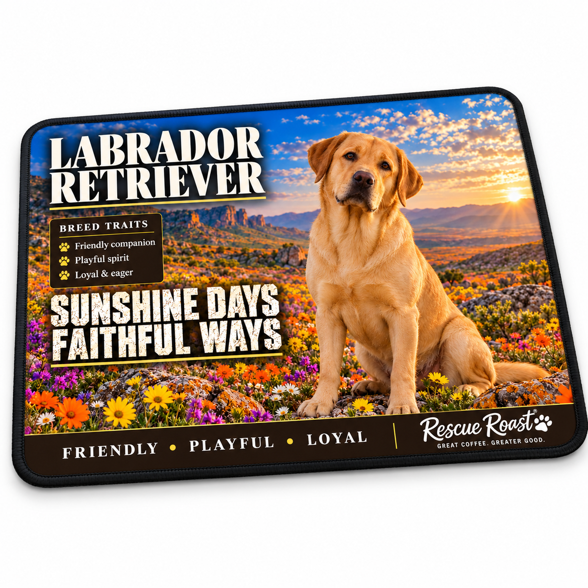 Rescue Roast® Labrador Retriever mousepad: Yellow Labrador sitting among colourful wildflowers, with the words “Sunshine Days, Faithful Ways”