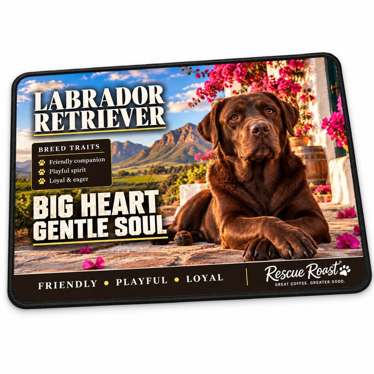 Rescue Roast® Labrador Retriever mousepad: Chocolate Labrador resting on a flower-framed stoep, with the words “Big Heart, Gentle Soul”
