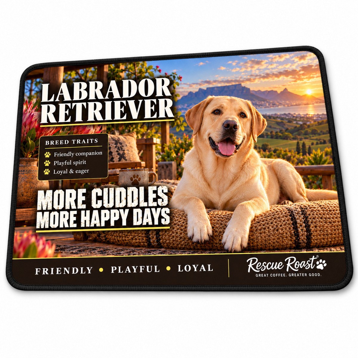 Rescue Roast® Labrador Retriever mousepad: Yellow Labrador resting beside coffee and proteas on a veranda, with the words “More Cuddles, More Happy Days”