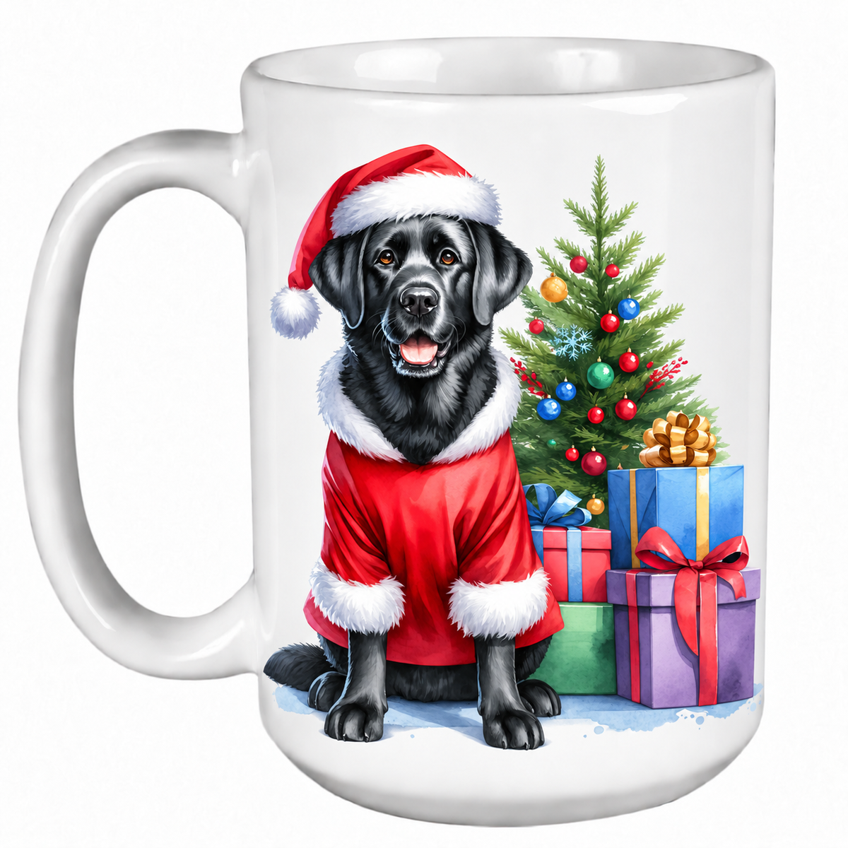 Rescue Roast® 450ml white Christmas mug featuring a Black Labrador beside a decorated Christmas tree
