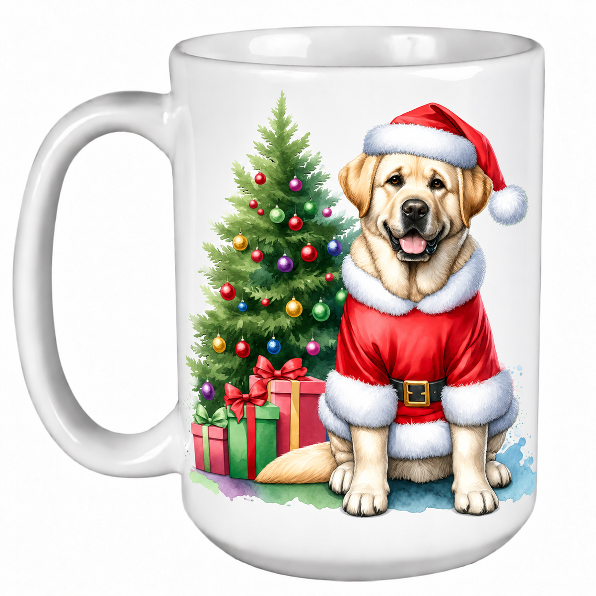 Rescue Roast® 450ml white Christmas mug featuring a Yellow Labrador beside a decorated Christmas tree