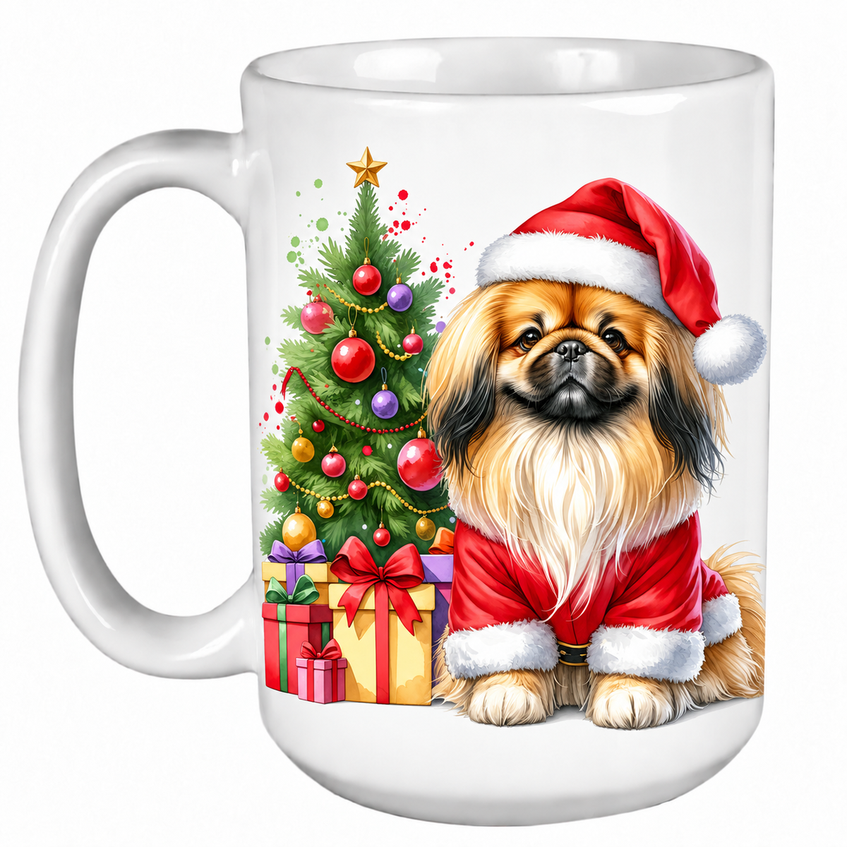 Rescue Roast® 450ml white Christmas mug featuring a Pekingese beside a decorated Christmas tree