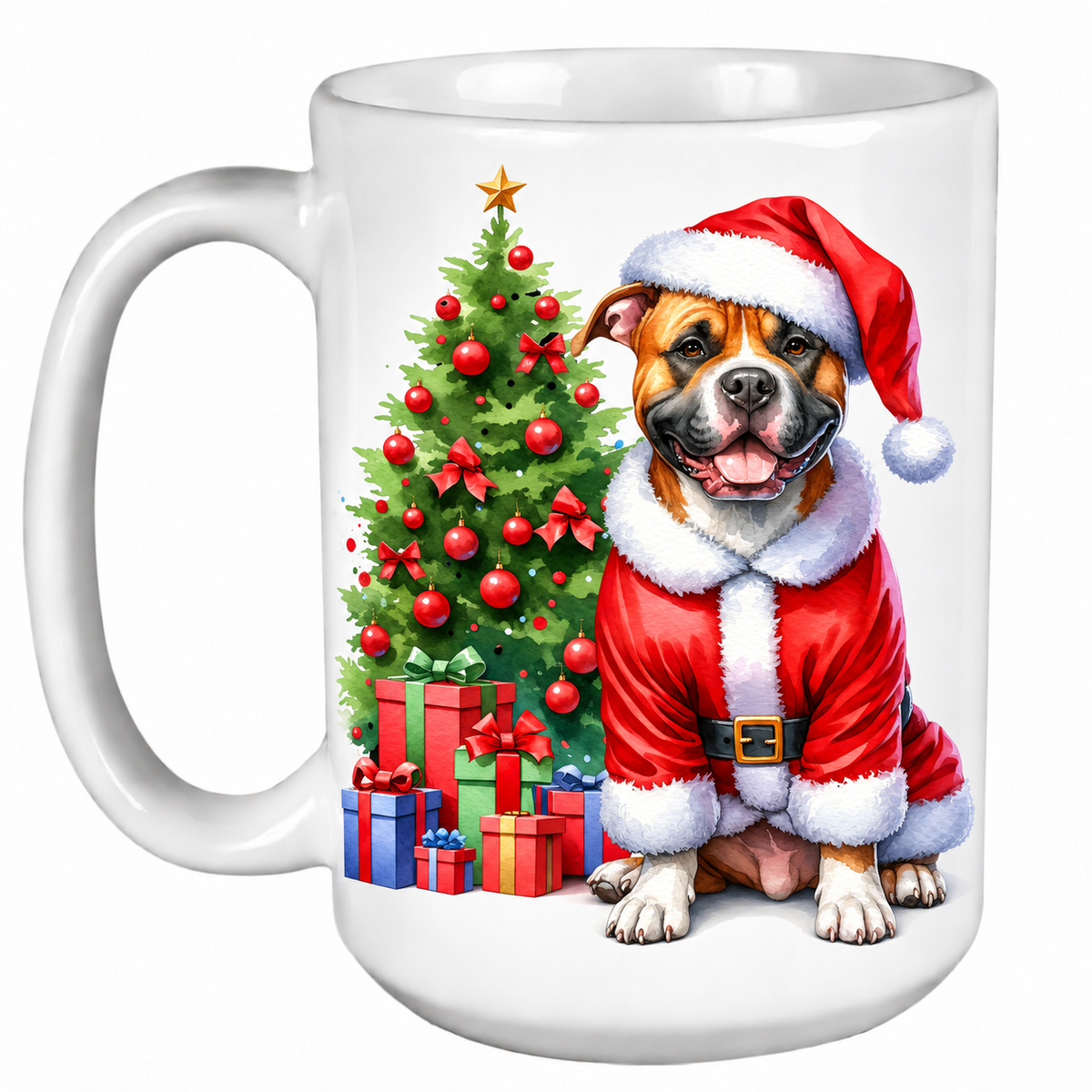 Rescue Roast® 450ml white Christmas mug featuring a Pit Bull beside a decorated Christmas tree