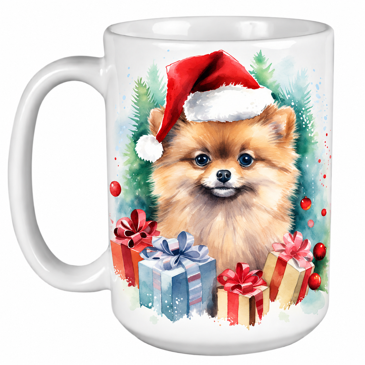 Rescue Roast® 450ml white Christmas mug featuring a Pomeranian in a Santa hat surrounded by Christmas presents