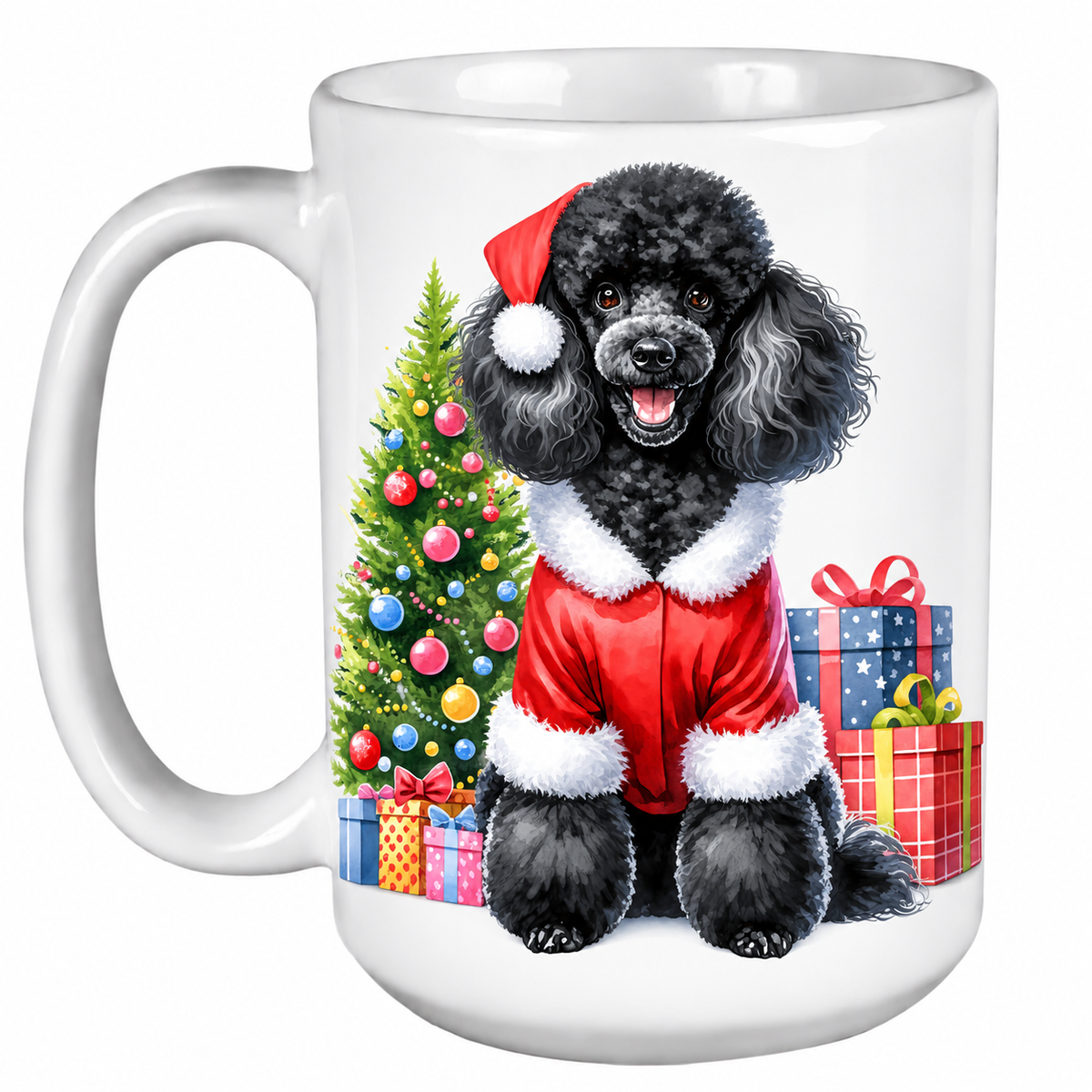 Rescue Roast® 450ml white Christmas mug featuring a Black Poodle beside a decorated Christmas tree
