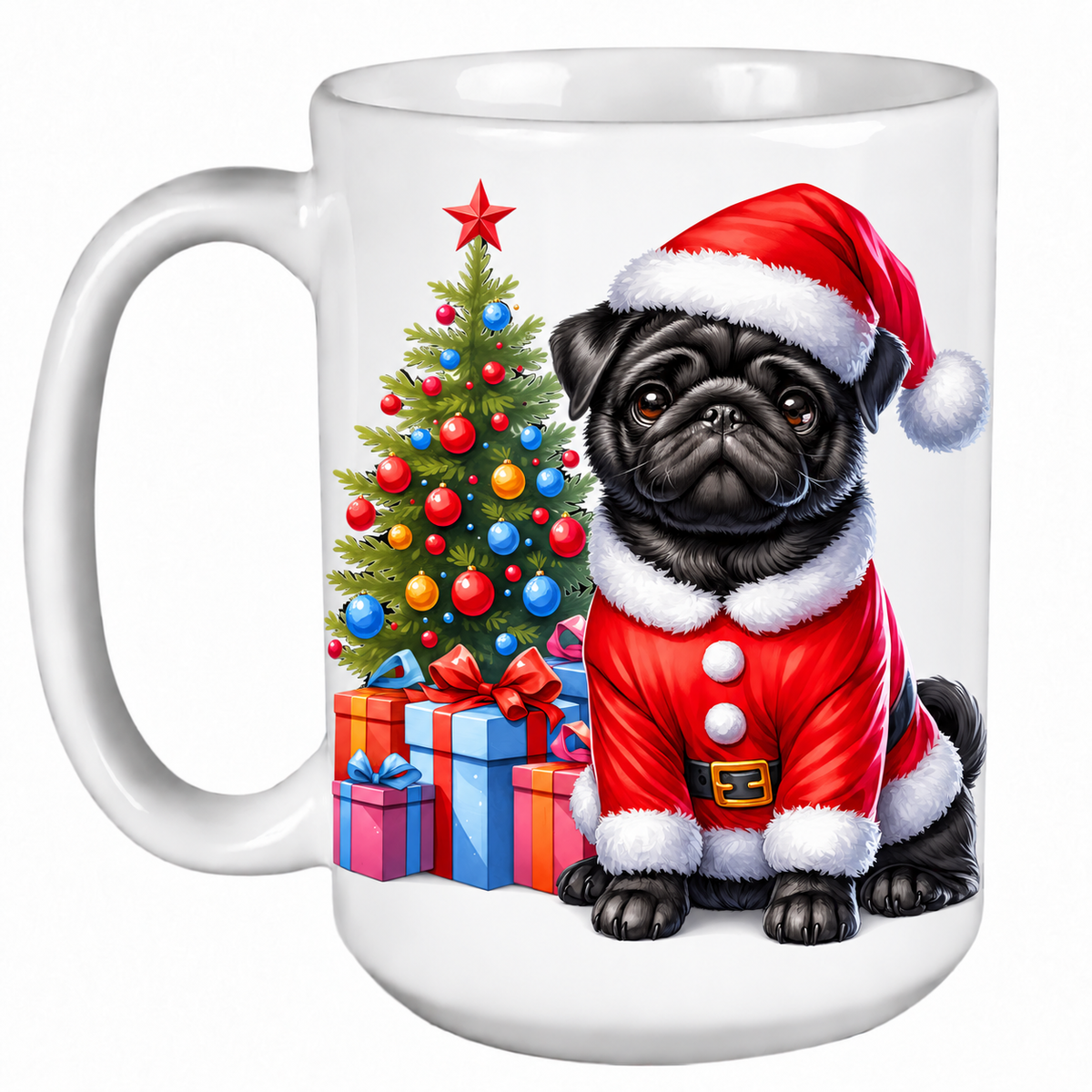 Rescue Roast® 450ml white Christmas mug featuring a Black Pug beside a decorated Christmas tree