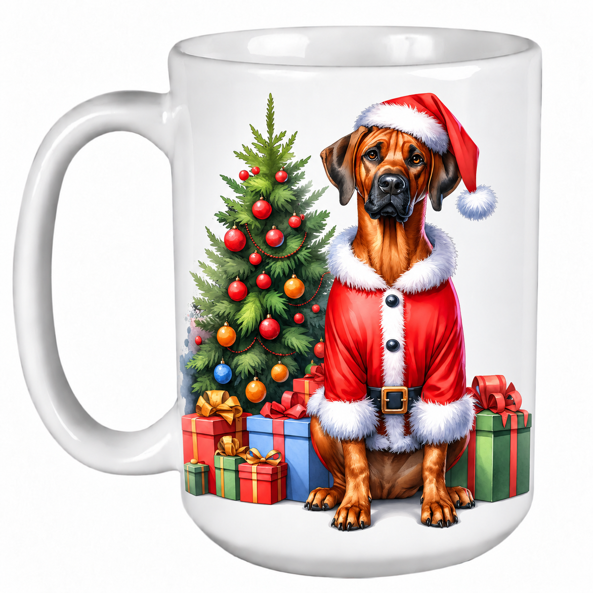 Rescue Roast® 450ml white Christmas mug featuring a Rhodesian Ridgeback beside a decorated Christmas tree