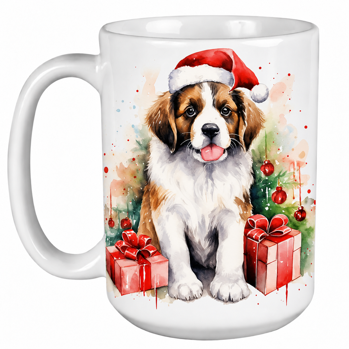 Rescue Roast® 450ml white Christmas mug featuring a Saint Bernard in a Santa hat surrounded by Christmas presents