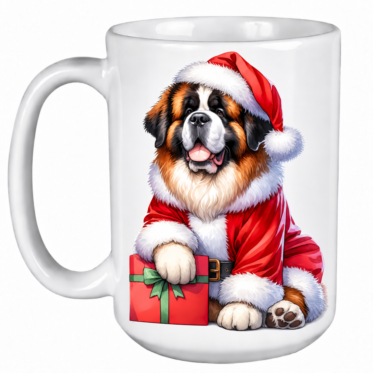 Rescue Roast® 450ml white Christmas mug featuring a Saint Bernard dressed as Santa’s little helper