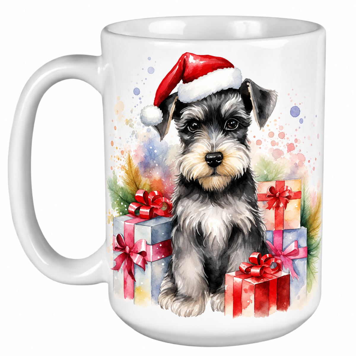 Rescue Roast® 450ml white Christmas mug featuring a Schnauzer in a Santa hat surrounded by Christmas presents