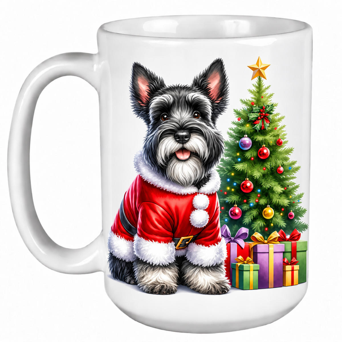 Rescue Roast® 450ml white Christmas mug featuring a Scottish Terrier beside a decorated Christmas tree