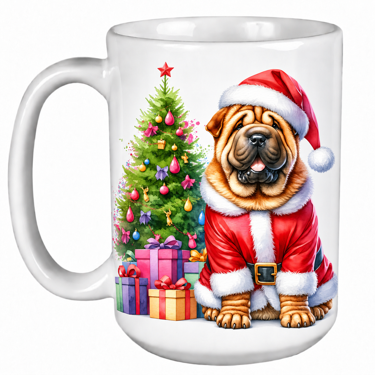 Rescue Roast® 450ml white Christmas mug featuring a Shar Pei beside a decorated Christmas tree