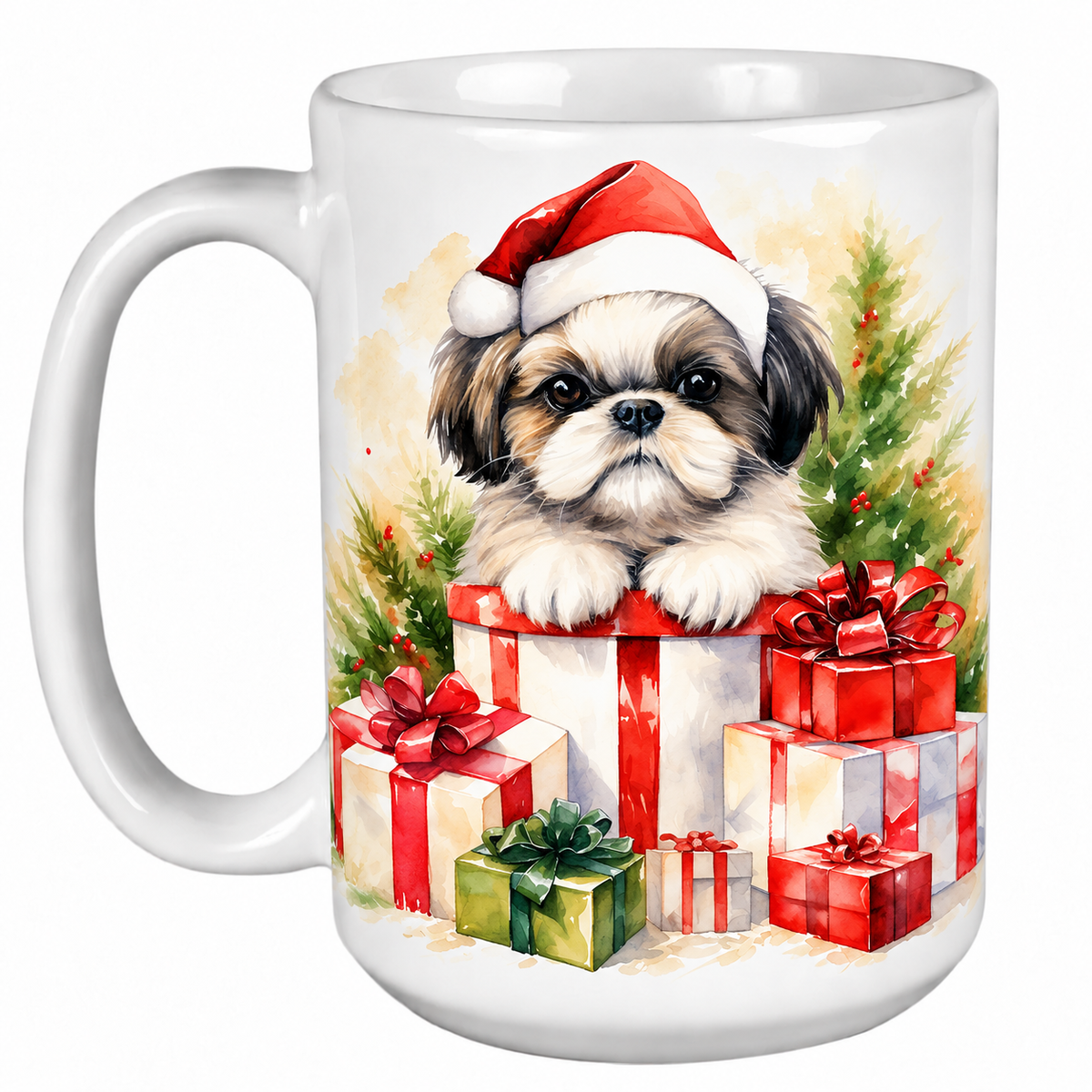 Rescue Roast® 450ml white Christmas mug featuring a Shih Tzu in a Santa hat surrounded by Christmas presents