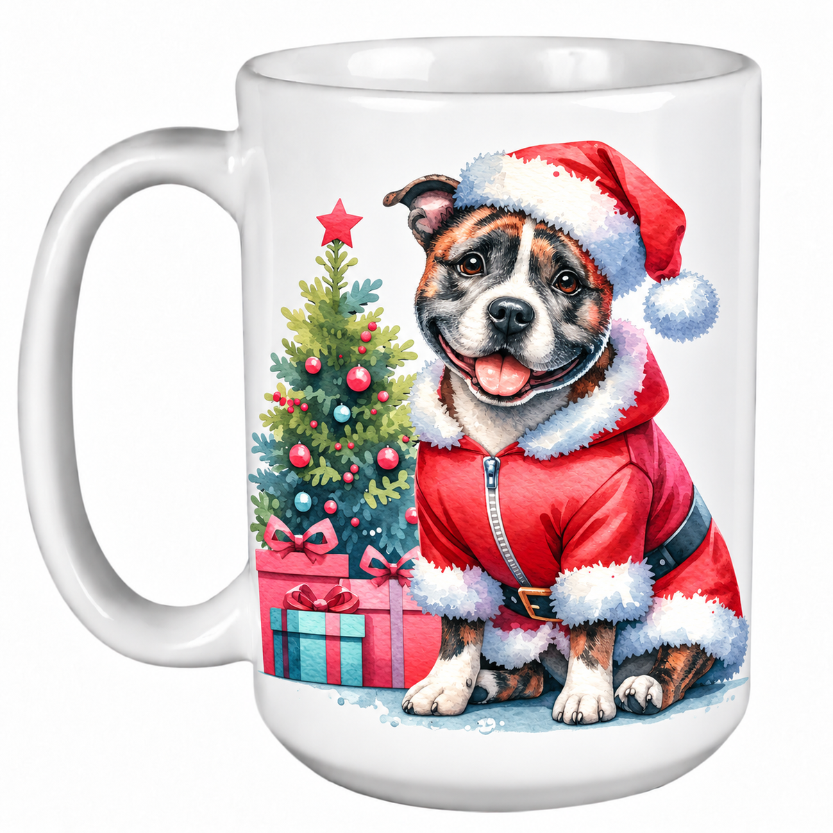 Rescue Roast® 450ml white Christmas mug featuring a Staffie beside a decorated Christmas tree