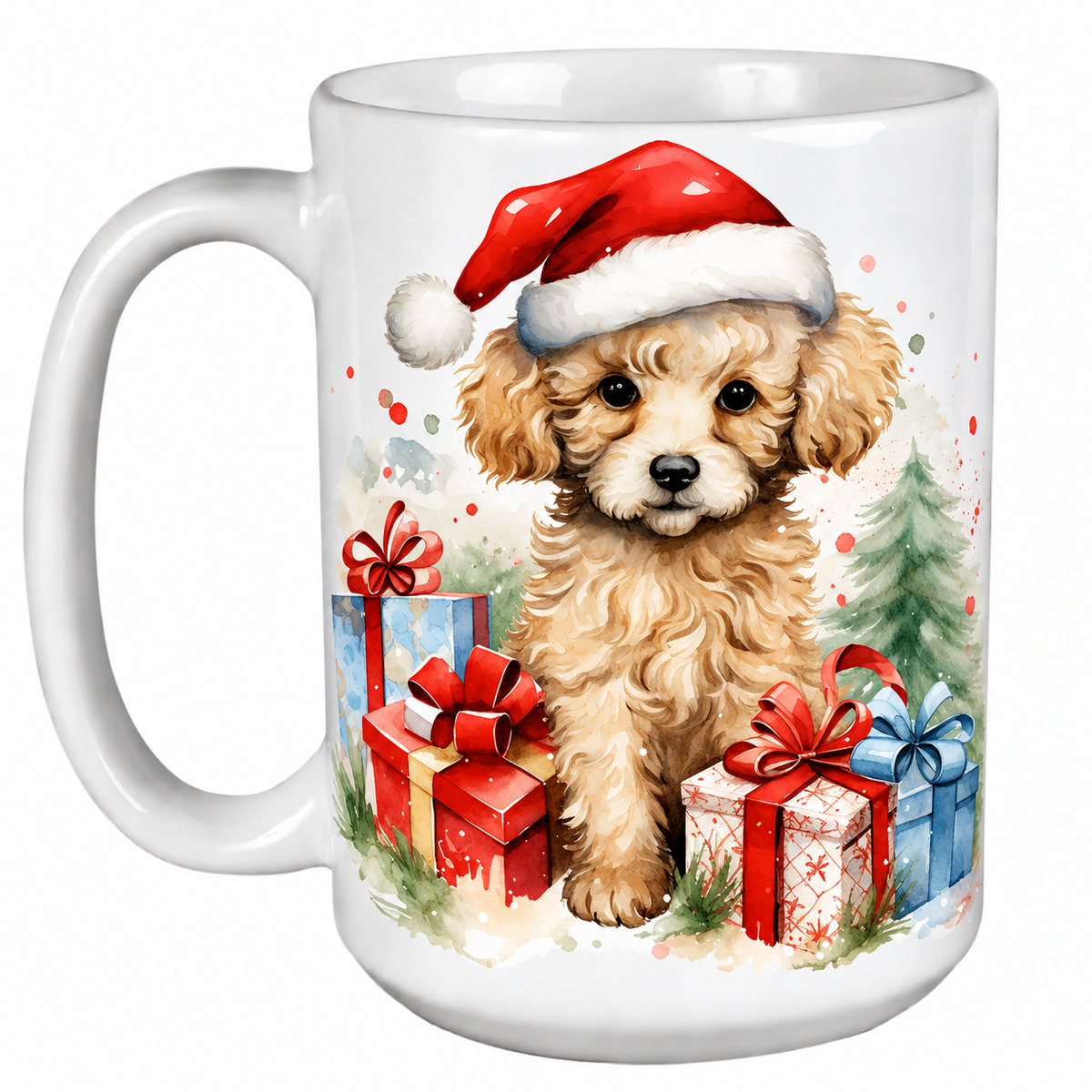 Rescue Roast® 450ml white Christmas mug featuring a Toy Poodle in a Santa hat surrounded by Christmas presents