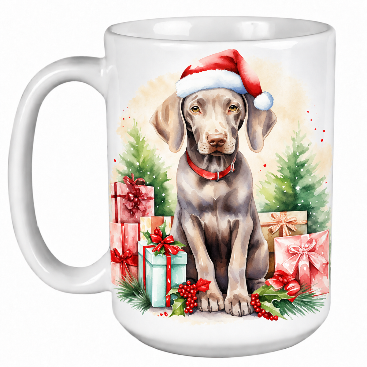 Rescue Roast® 450ml white Christmas mug featuring a Weimaraner in a Santa hat surrounded by Christmas presents