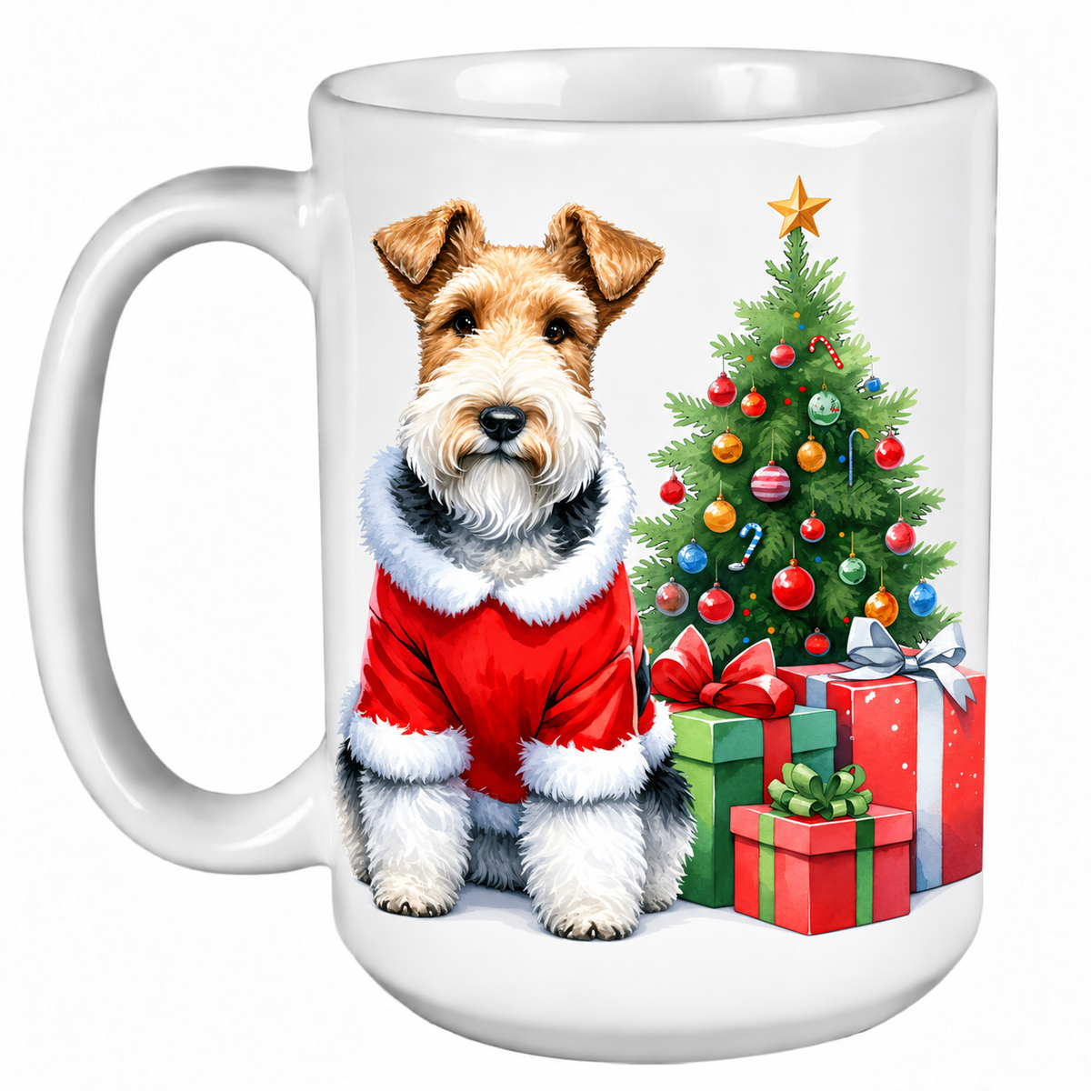 Rescue Roast® 450ml white Christmas mug featuring a Wire Fox Terrier beside a decorated Christmas tree