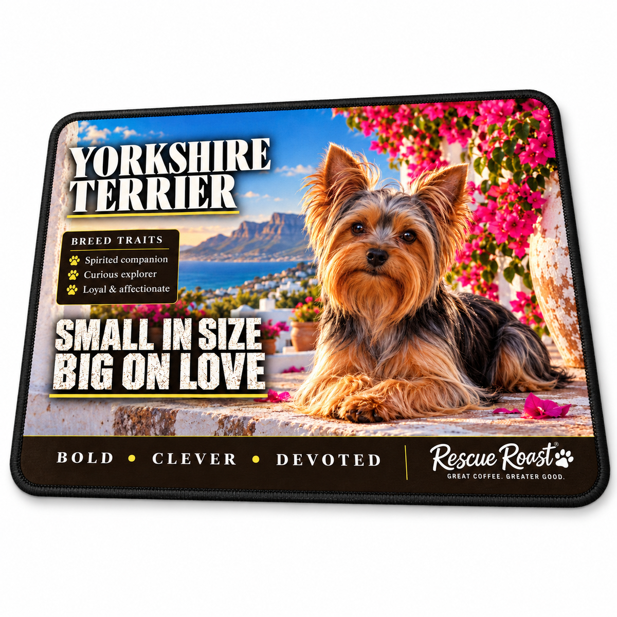 Rescue Roast Yorkshire Terrier mousepad: A Yorkshire Terrier rests on a sunny whitewashed stoep beneath pink bougainvillea, overlooking the sea and mountains. Printed slogan: Small in Size, Big on Love.