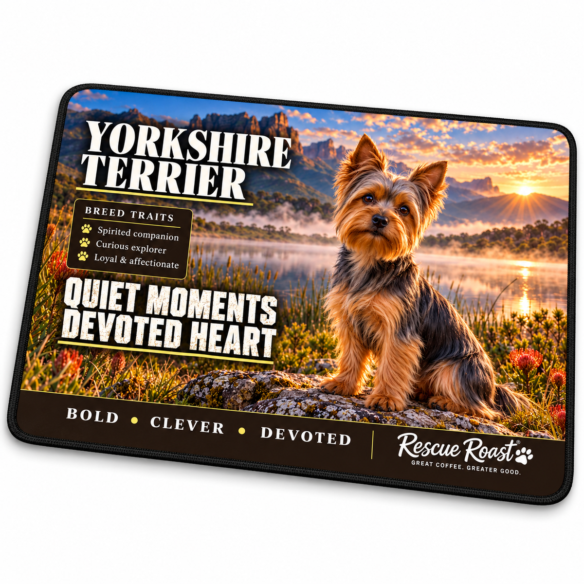Rescue Roast Yorkshire Terrier mousepad: A Yorkshire Terrier sits on lakeside rocks among reeds and flowers, with misty mountains and a golden sunset reflected in the water. Printed slogan: Quiet Moments, Devoted Heart.