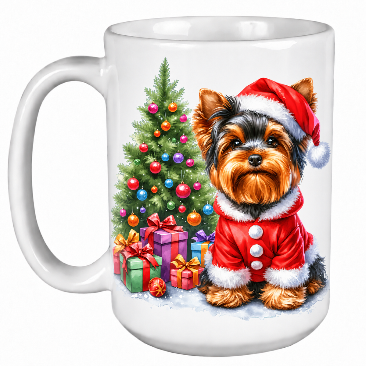 Rescue Roast® 450ml white Christmas mug featuring a Yorkshire Terrier beside a decorated Christmas tree